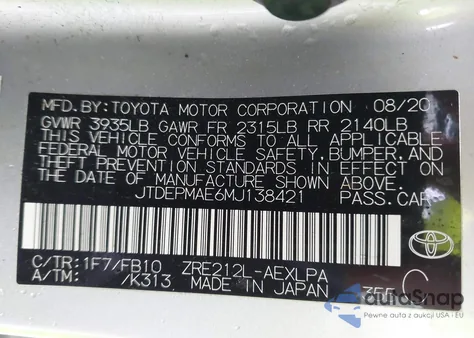 2021 Toyota Corolla Le z USA, uszkodzony, nr VIN JTDEPMAE6MJ138421